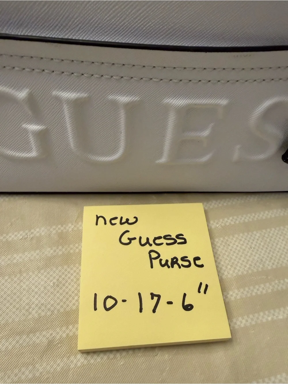 GUESS White Tote with Black Trim and Silver Hardware